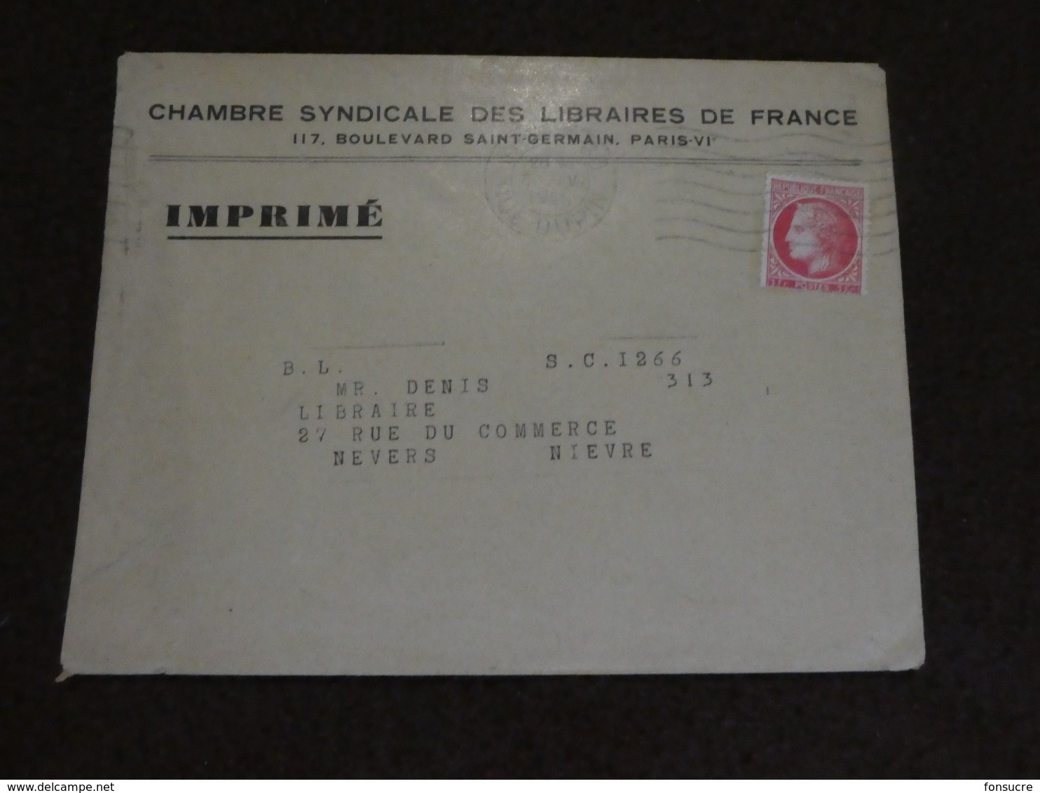 P123 Enveloppe Chambre Syndicale Des Libraires De France IMPRIME Paris 80 Rue Dupin 8 6 46 Iris 1fr - 1900 – 1949