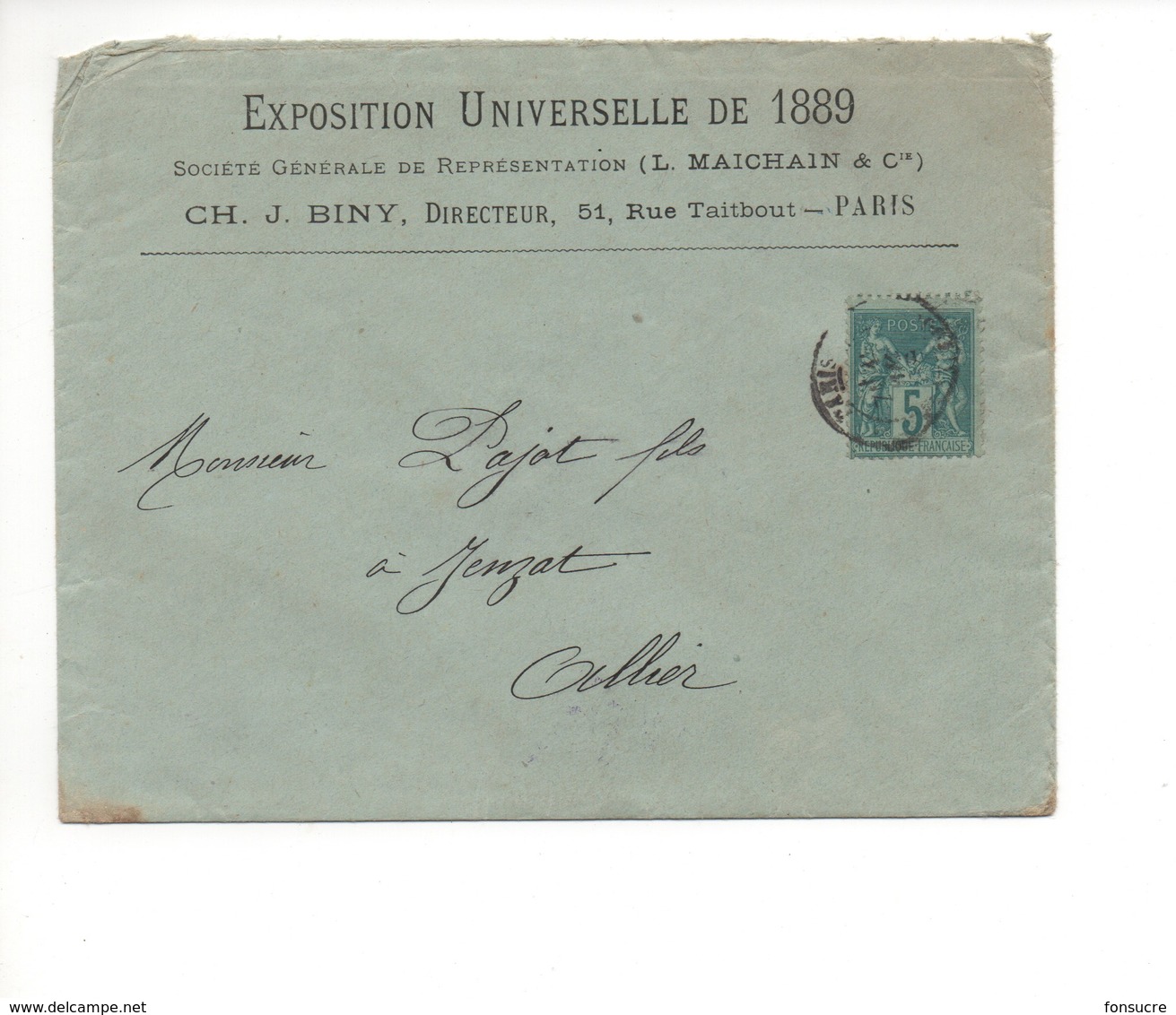 PJ11 Exposition Universelle Paris 1889 Cachet Société Générale Représentation Des Exposants L. MAICHAIN Filigramme JPW - 1800 – 1899