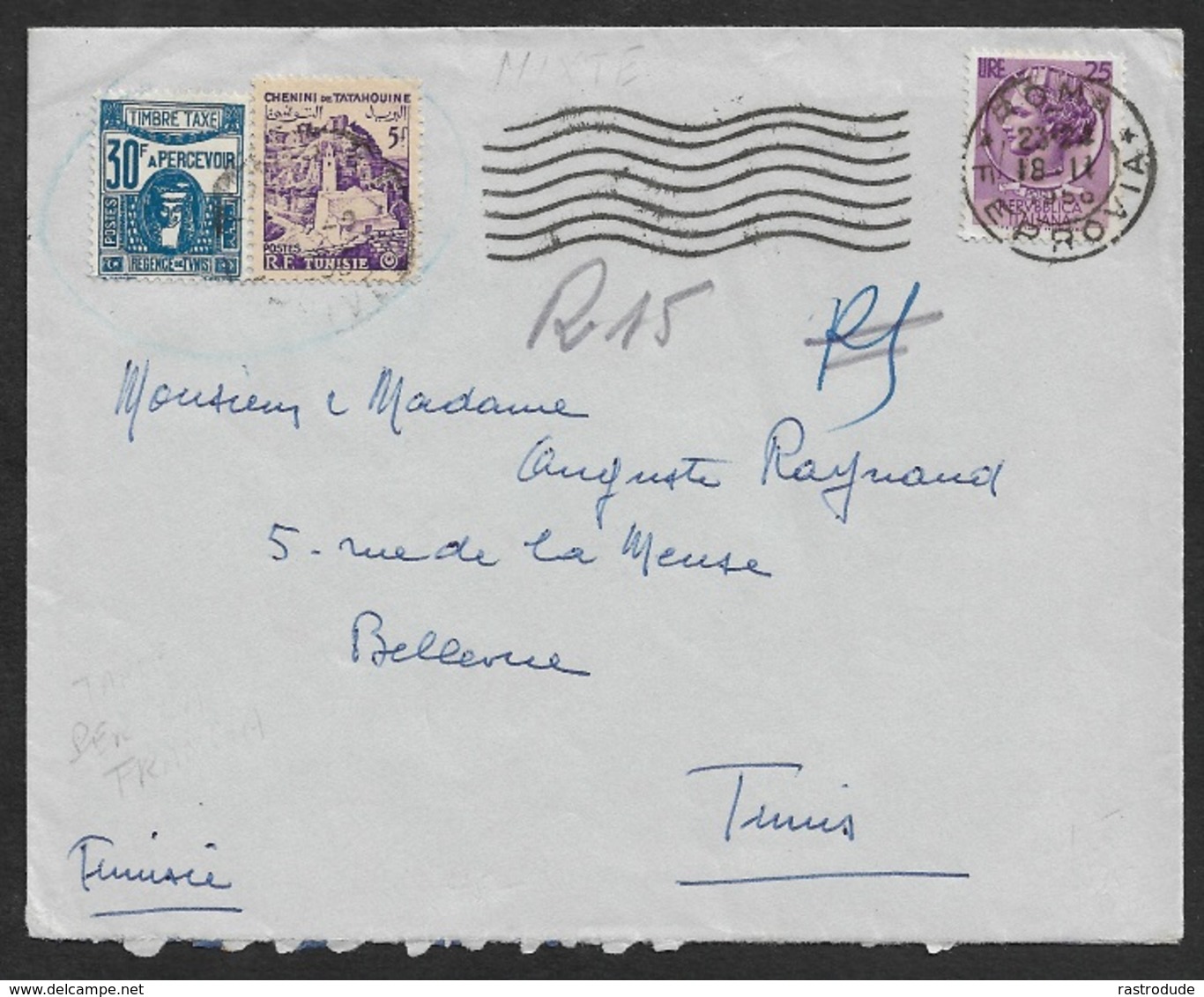 1958 - Italie / Tunisie Affranchissement Mixte Et A Percevoir -Lire 25 Et Tunisie 35F + Timbre Taxe 30F - Postage Due - Portomarken