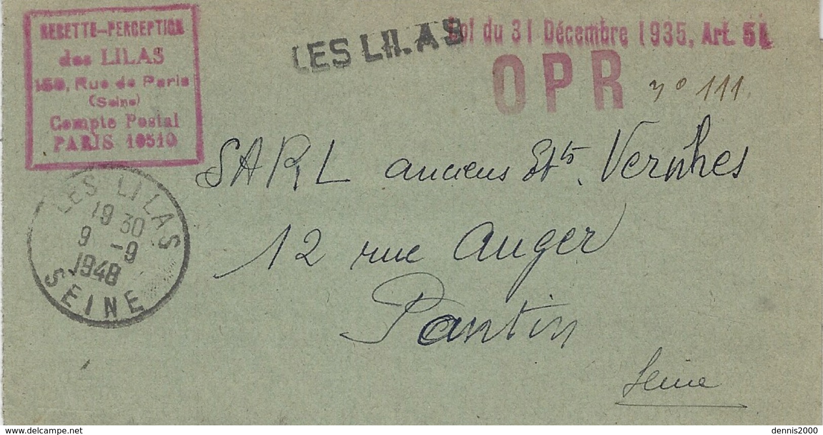 1948- Avis Du Percepteur En Franchise  De LES LILAS  En " O P R  / Loi Du 31 Décembre 1935, Art. 54 " - 1921-1960: Période Moderne