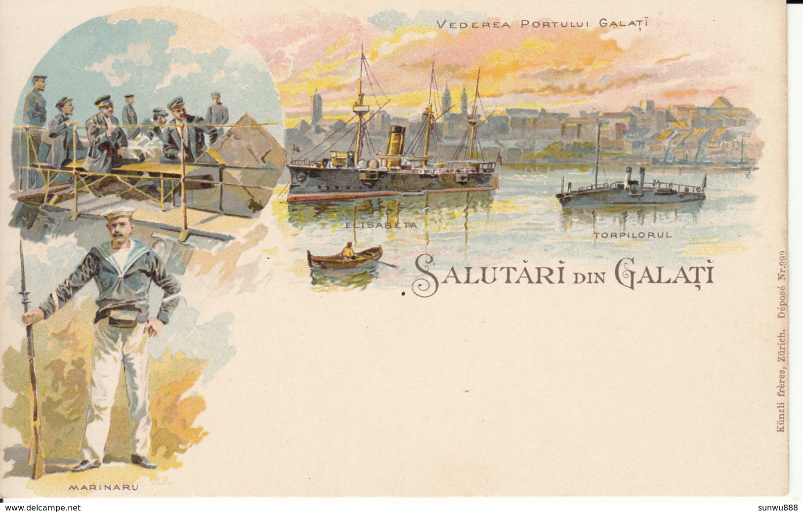 Salutari Din Galati - Litho Multi Views Marinaru Vederea Portului Galati Künzli Frères RARE, Top Condition - Romania