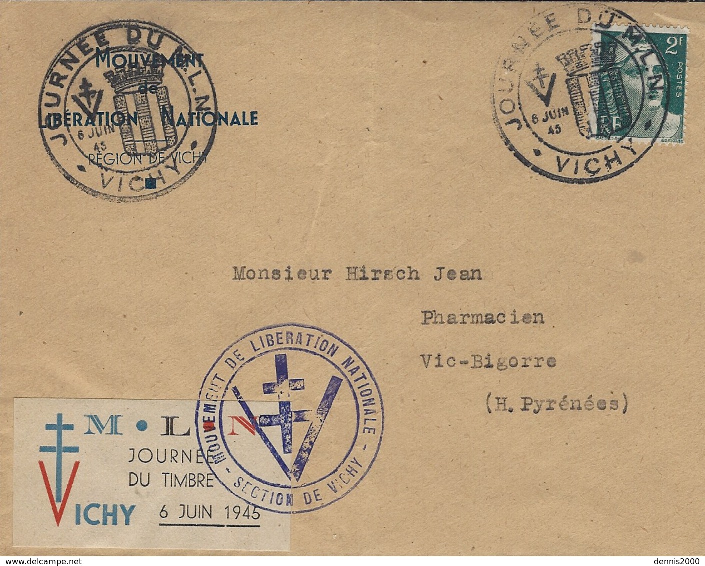 8 Juin 1945- Enveloppe Avec Vignette  M.L.N  / Journée Du Timbre  / 6 Juin 1945 - Guerre De 1939-45