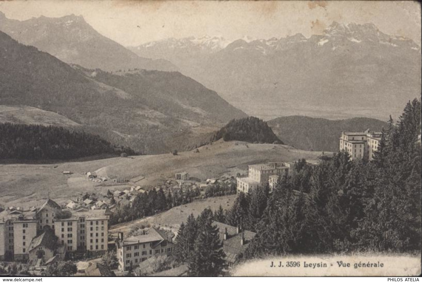 Sur CPA Leysin Cachet Internement Prisonniers De Guerre Leysin Suisse Grand Hôtel Guerre 14 18 FM CAD Leysin 18 VIII 16 - Oblitérations