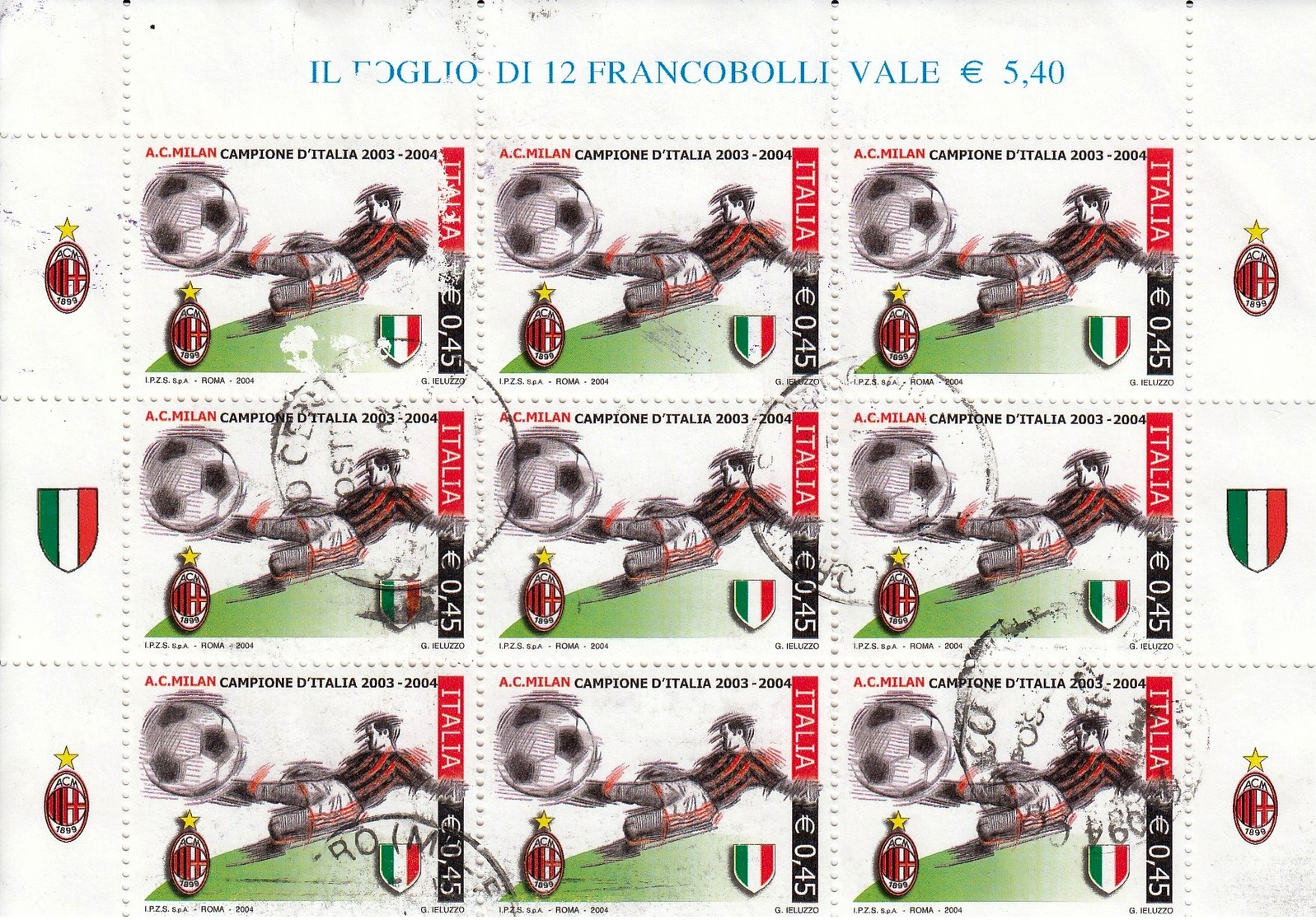 2004 Varietà Non Catalogata, Milan Campione D'Italia 2003, Porzione Di Foglietto, Viaggiato, 9 Francobolli Con Appendici - 2001-10: Usati