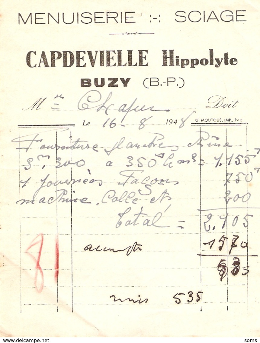 Vieux Papier Du Béarn, Buzy (64), Menuiserie Sciage Hippolyte Capdevielle, 1948, Planches De Chêne - 1900 – 1949
