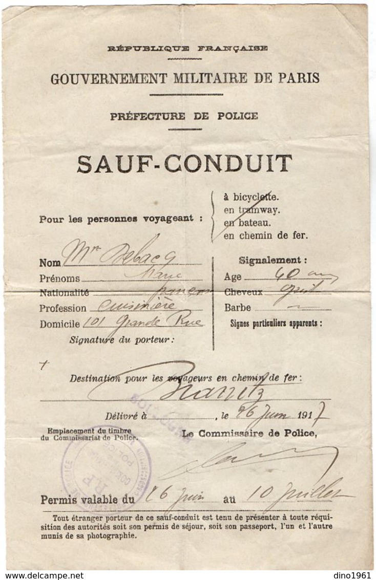 VP15.477 - MILITARIA - BOULOGNE 1917 - Gouvernement Militaire De Paris - Le Commissaire De Police - Sauf - Conduit - Politie & Rijkswacht