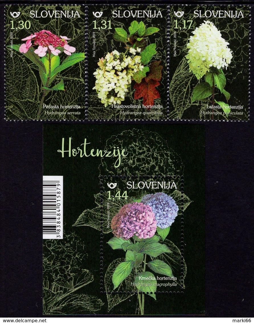 Slovenia - 2019 - Flowers - Hydrangea - Mint Stamp Set + Souvenir Sheet - Slovenia