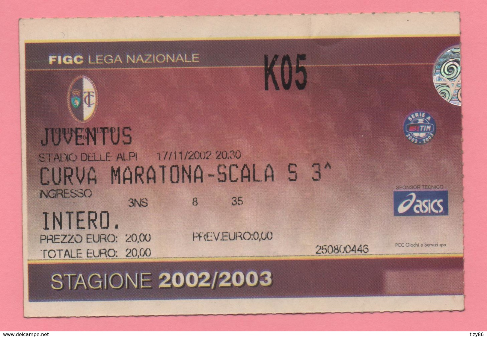 Biglietto D'ingresso Stadio Toro Juventus Stagione 2002/2003 - Tickets - Vouchers