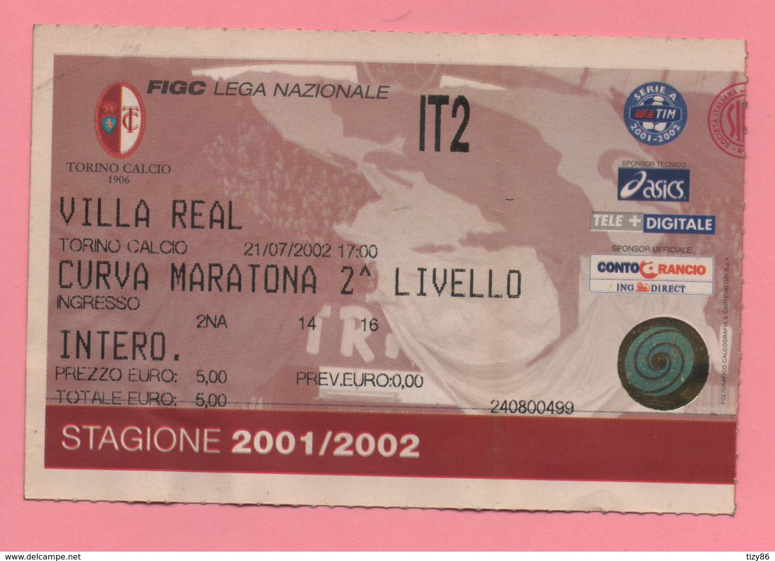 Biglietto D'ingresso Stadio Toro Villa Real Stagione 2001/2002 - Biglietti D'ingresso