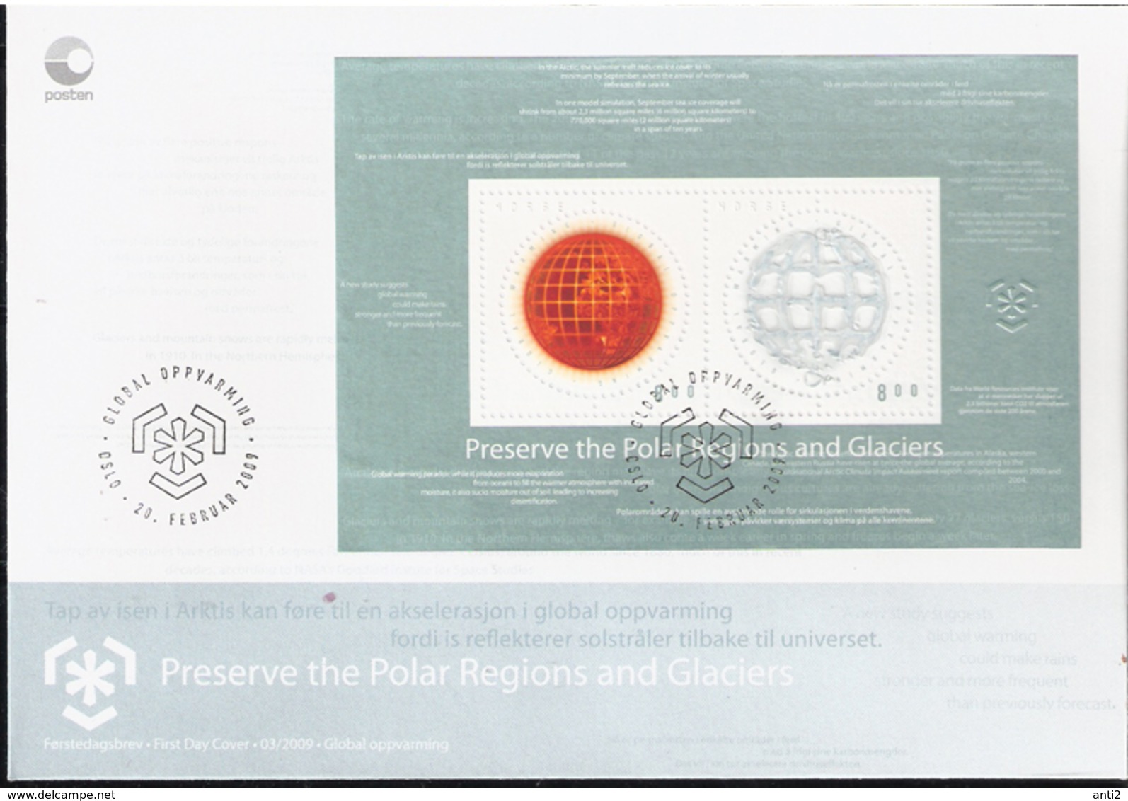 Norge Norway 2009 International Campaign To Protect The Polar Regions And Glaciers.  Mi Bloc 37 FDC - Briefe U. Dokumente