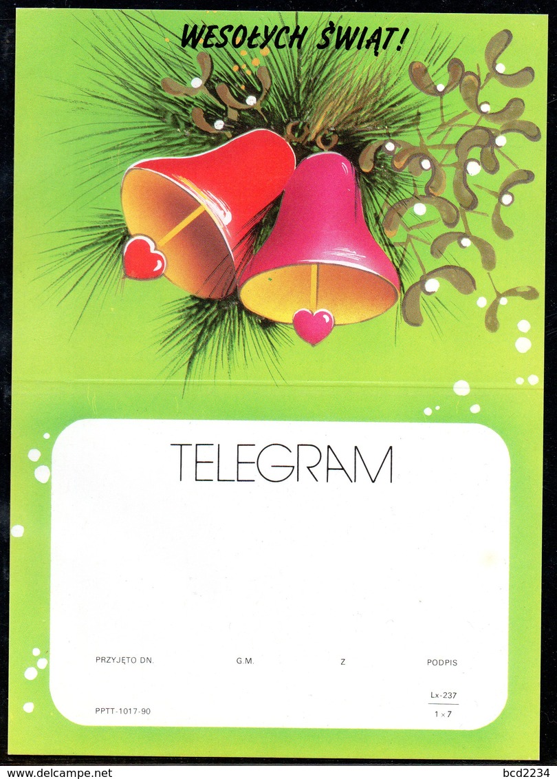 POLAND 1990 TELEGRAM HAPPY CHRISTMAS XMAS BELLS HEARTS MINT UNFOLDED LX 237 TÉLÉGRAMME TELEGRAMM TELEGRAMA TELEGRAMMA - Covers & Documents