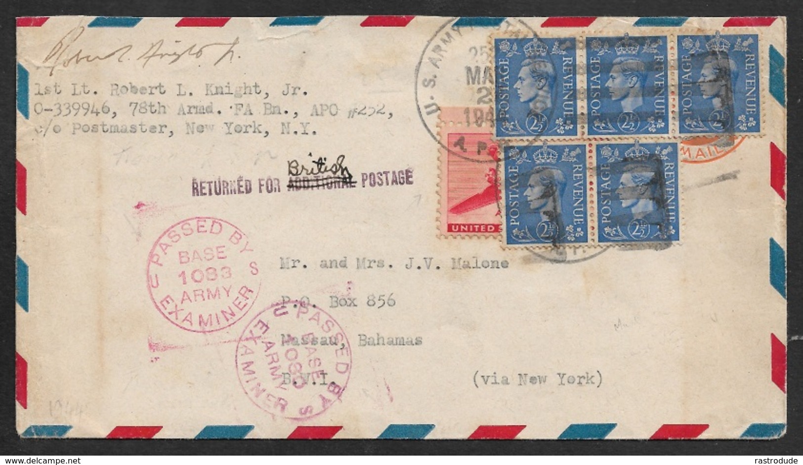 1944 - US / GB Mixed Franking - A.P.O 252 Tidworth To BAHAMAS - Censor - Returned For British Postage - RARE - 1941-60