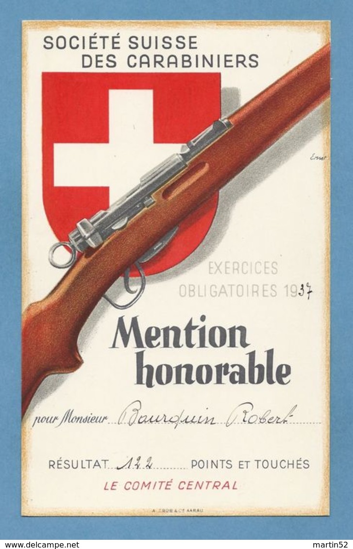 Schweiz Suisse 1937: SOCIÉTÉ SUISSE DES CARABINIERS - EXERCICES OBLIGATOIRES 1937 - MENTION HONORABLE (Format 118x184mm) - Waffenschiessen