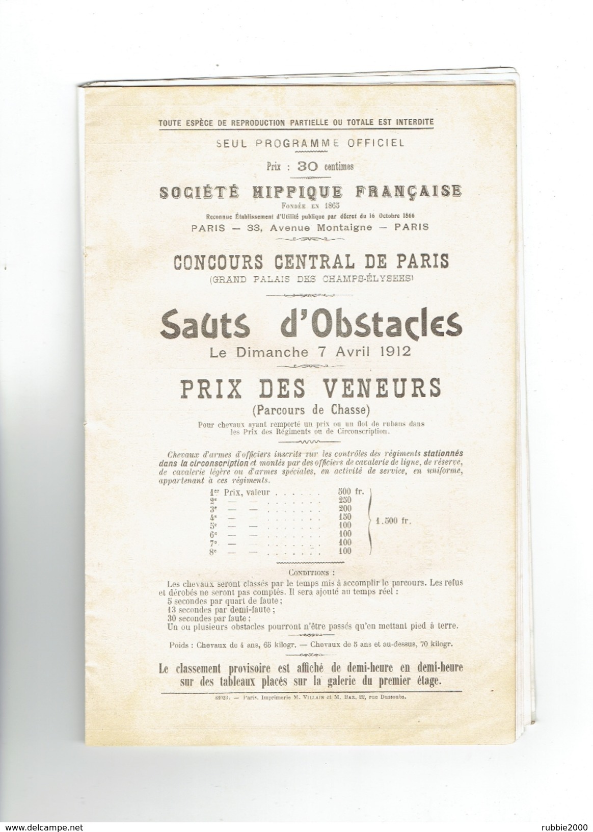 PROGRAMME CONCOURS HIPPIQUE 1912 AU GRAND PALAIS DES CHAMPS ELYSEES PARIS OBSTACLES ATTELAGE EQUITATION CHASSE MILITAIRE - Equitation