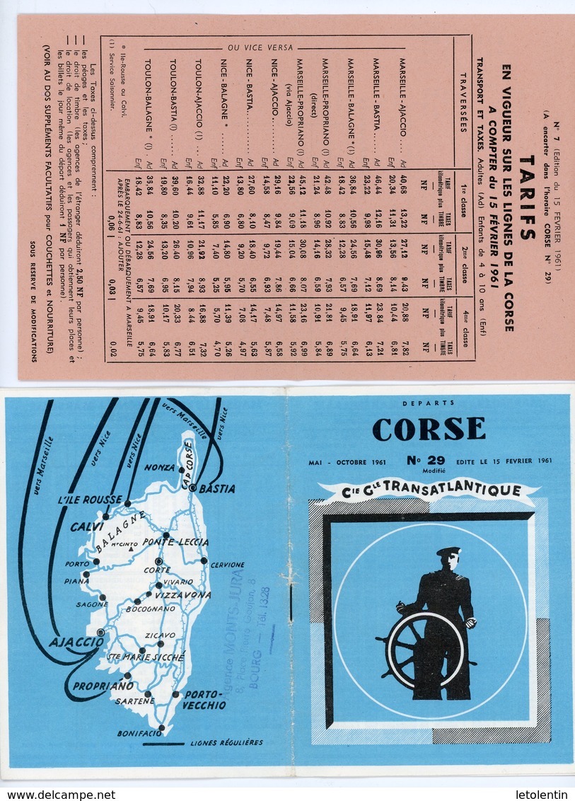 LIVRET DE LA Cie Gle TRANSATLANTIQUE DES DEPARTS CORSE/CONTINENT/CORSE -  N°29 DE MAI-OCTOBRE 1961 (16 PAGES DE 11X14,5 - Europe