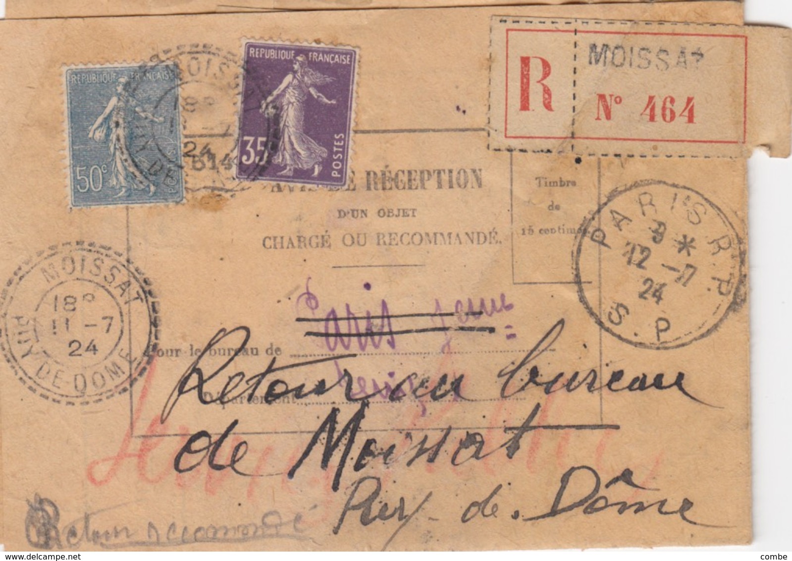 11 7 1924. AVIS DE RECEPTION RECOMMANDE ET RETOUR. MOISSAT TYPE 1885. 85c. POUR PARIS S.P. ET RECEPISSE RETOUR - 1877-1920: Semi-Moderne