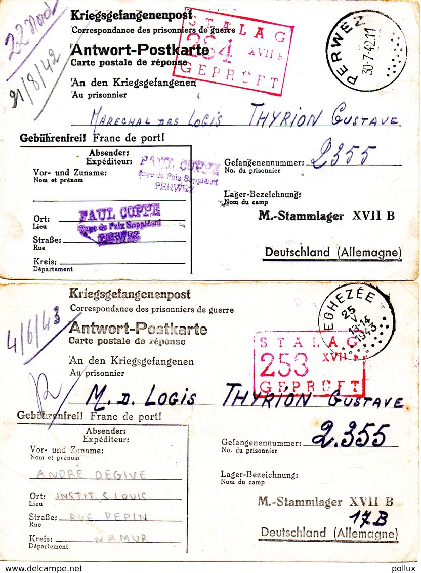 2 Cartes Kriegsgefangenenpost Prisonnier Guerre 1939/45 Stalag XVII B GNEIXENDORF (Wien) + Censuredép Perwez Eghezée - Documents