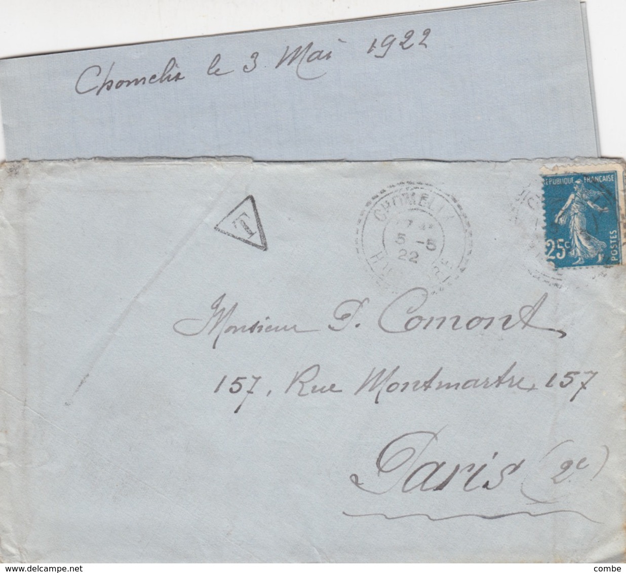 LETTRE 1922. CHOMELIX Hte-LOIRE. SEMEUSE 25c PIQUAGE DECALÉ VOISIN. POUR PARIS TAXE - 1921-1960: Modern Period