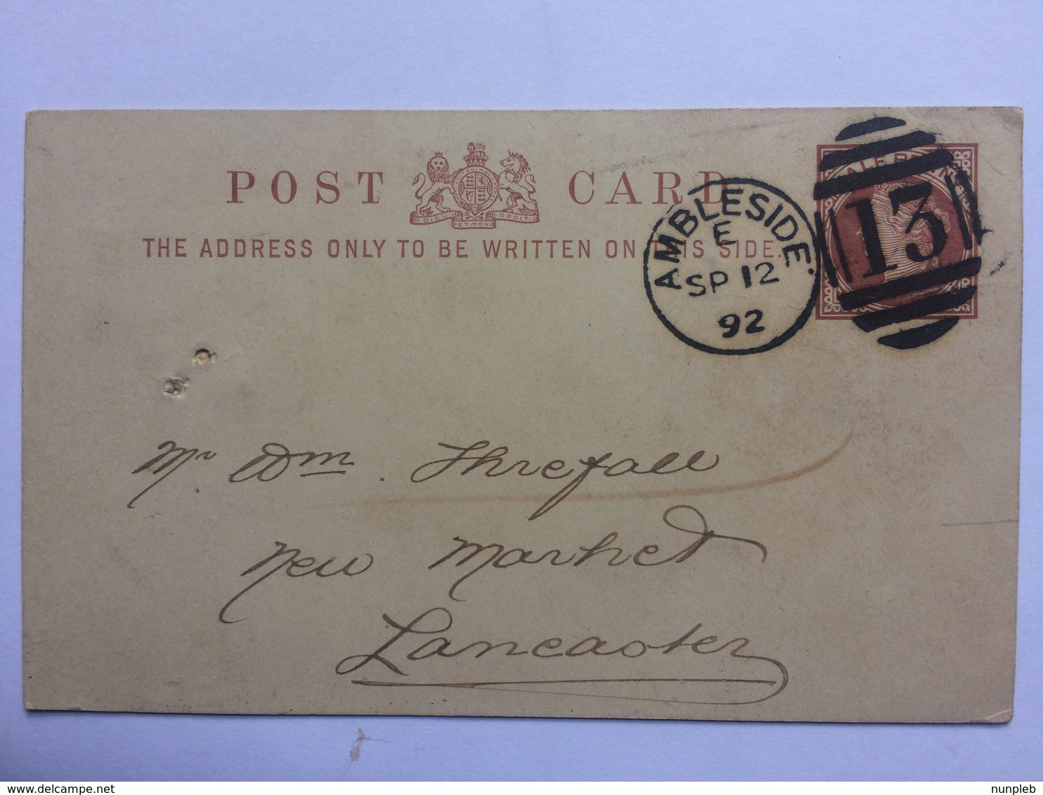 GB Victoria PPC 1892 Ambleside Duplex To Lancaster - Covers & Documents