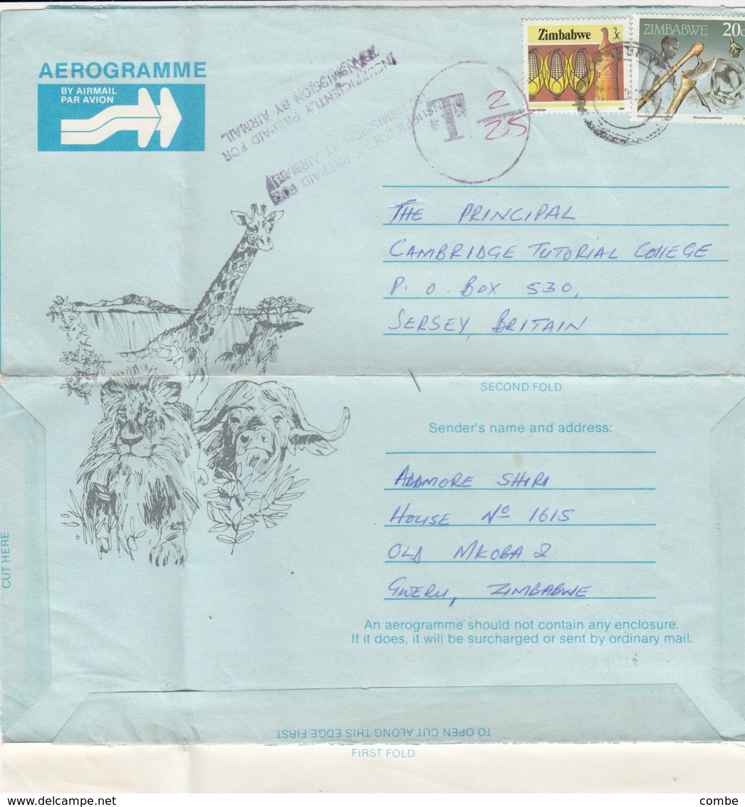 AEROGRAMME ZIMBAWE TO JERSEY. INSUFFICIENTLY PREPAID FOR TRANSMISSION BY AIRMAIL  T 2/25 - Jersey