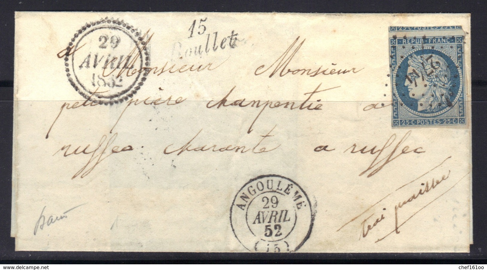 Roullet (Charente) : LSC, Cursive 15/Roullet, Cérès N°4, PC 2744, Càd 15 Angoulême, Dateur B, 1852, Signée Baudot. - 1849-1876: Classic Period