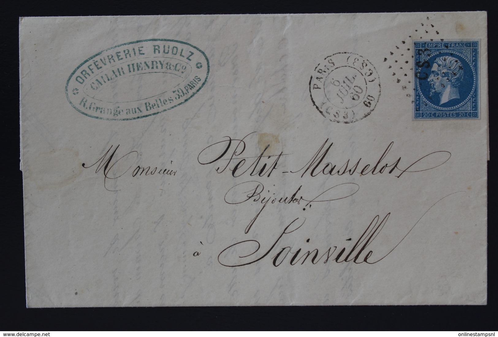 France Cover Yv 14  Cachet  CS 3 Paris Seine  1860. Joinville Cachet Erreur 1850 - 1849-1876: Klassieke Periode