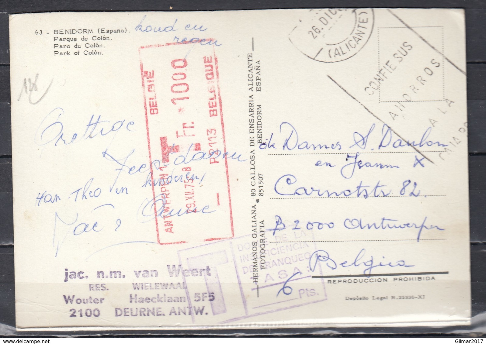 Postkaart Van Benidorm Naar Antwerpen 1 - Cartas & Documentos
