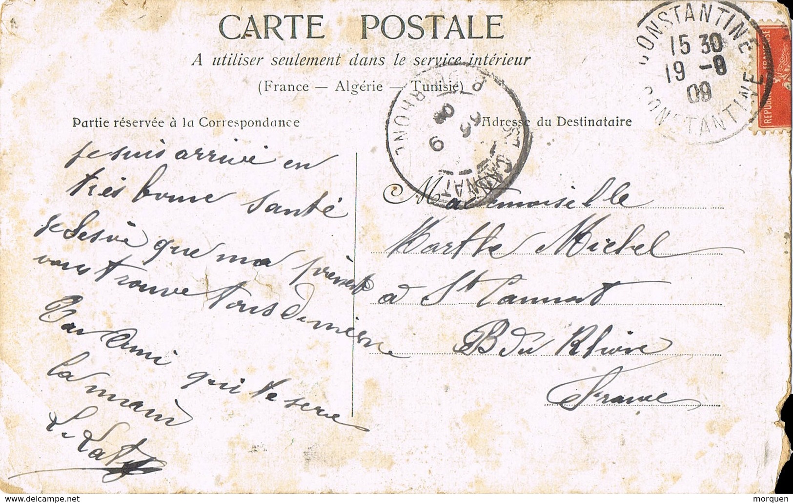 33689. Postal Romantica Vintage CONSTANTINE (departament Algerie) 1909 A St. Cannat - Cartas & Documentos