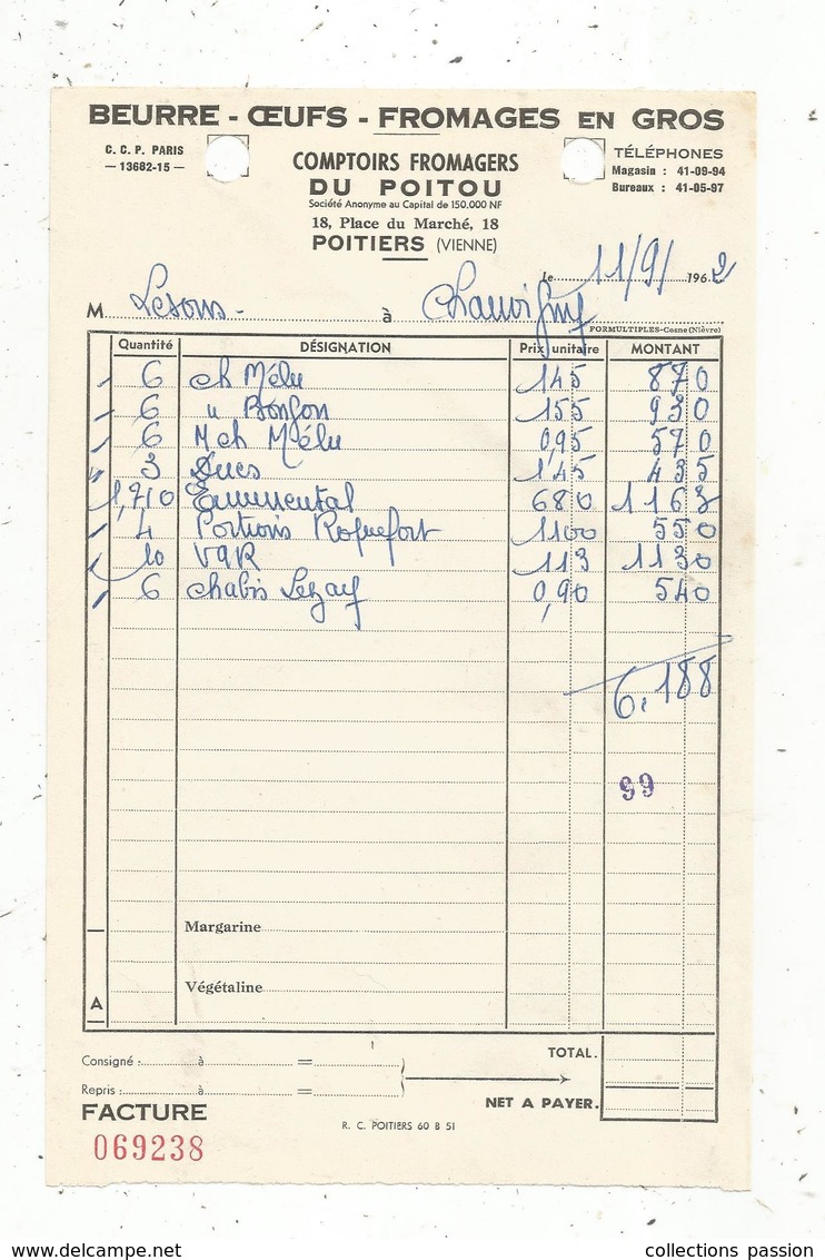 Facture , Beurre ,oeufs , Fromages En Gros , Comptoir Fromagers Du POITOU , Poitiers ,  1962 , Frais Fr 1.55 E - Levensmiddelen