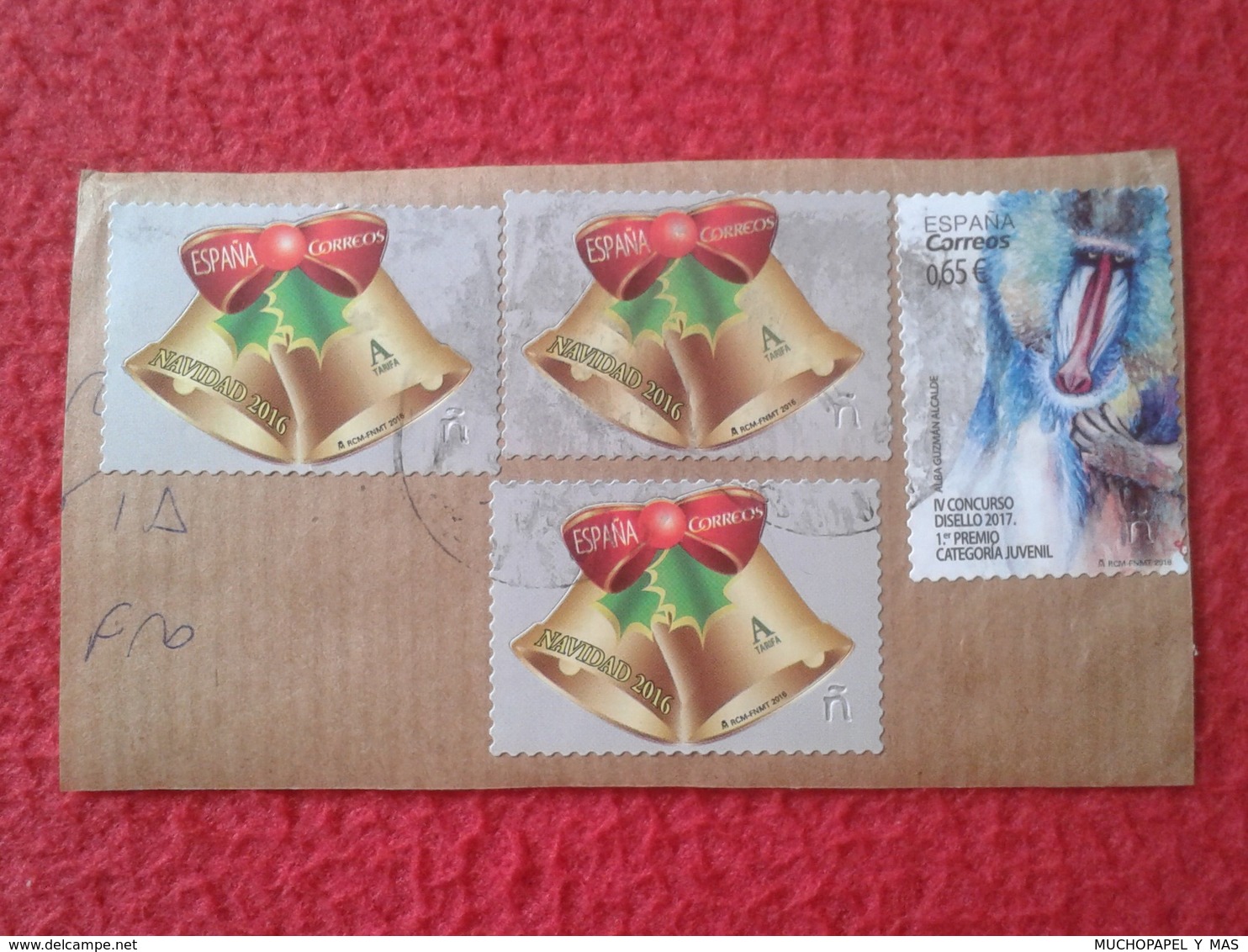 SELLO USADO USED STAMP ESPAÑA SPAIN SELLOS USADOS EN FRAGMENTO DE PAPEL CORREOS NAVIDAD 2016 Y DISELLO 2017 MONKEY MONO - Usados