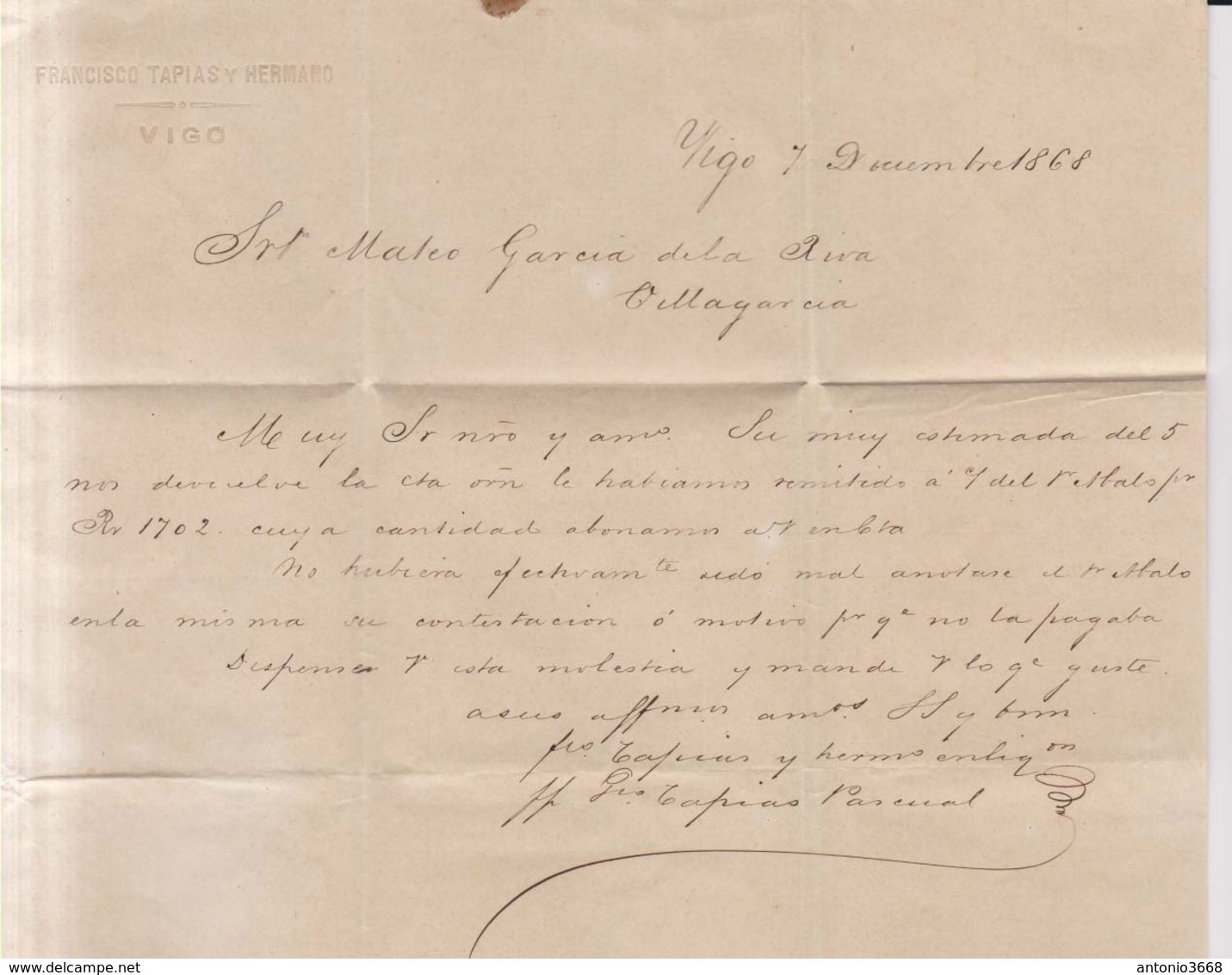 Año 1867 Edifil 96 50m Isabel II  Carta Matasellos Rueda De Carreta 60 Vigo Pontevedra. Membrete F.Tapias - Covers & Documents