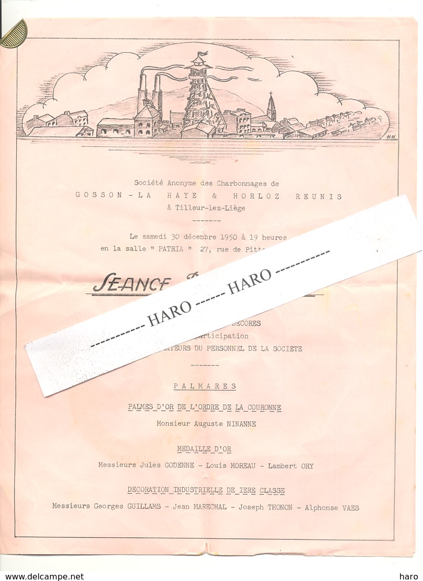 Charbonnages GLOSSON - LA HAYE & HORLOZ REUNIS - Programme En L'honneur Des Décorés  TILLEUR 1950 (b254) - Programmes