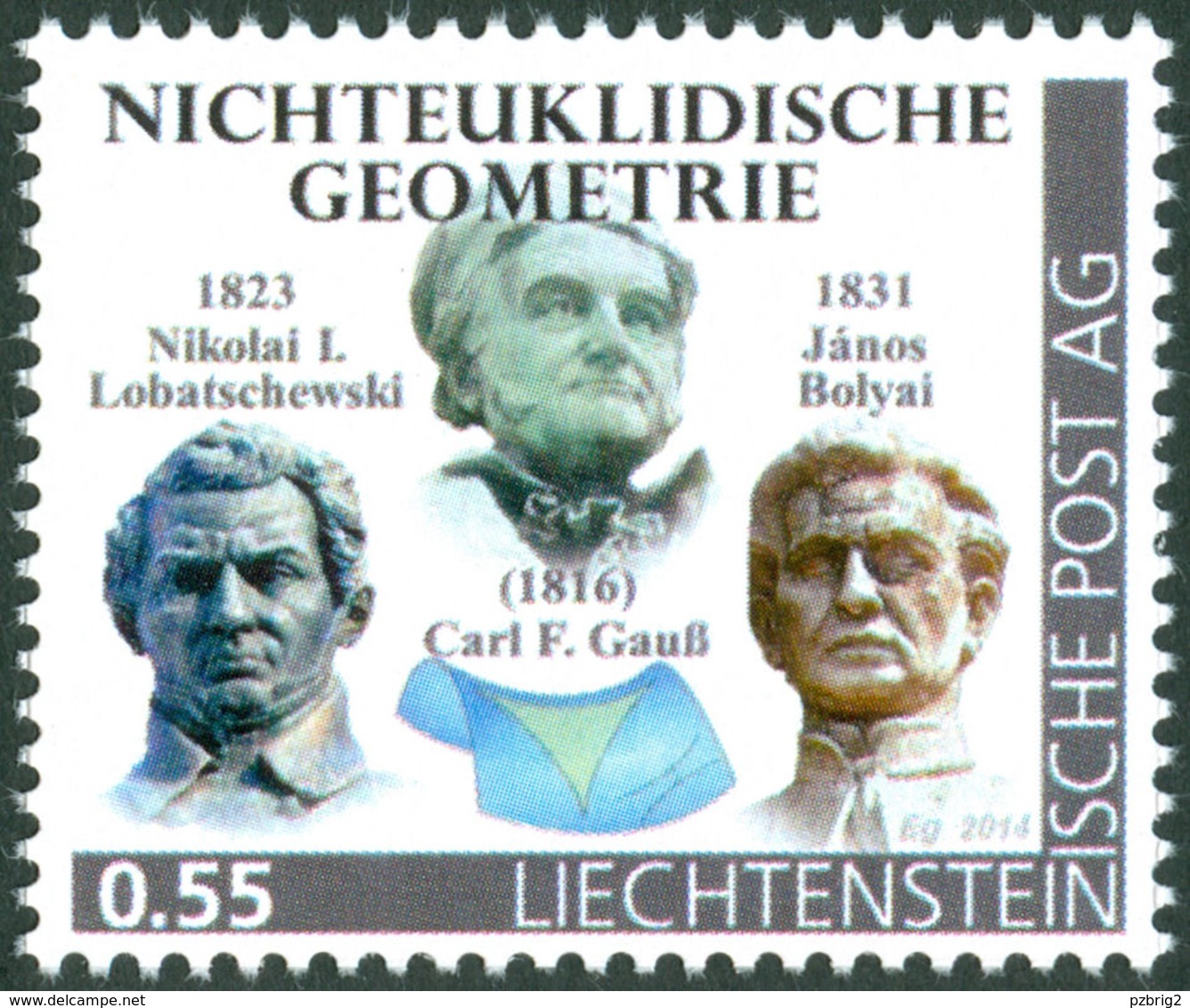 GAUSS, C.F., LOBATSCHEWSKI, N., BOLYAI, J. - Liechtenstein 2014, MNH ** - Mathematics -  Non-Euclidean Geometry - "die M - Sonstige & Ohne Zuordnung