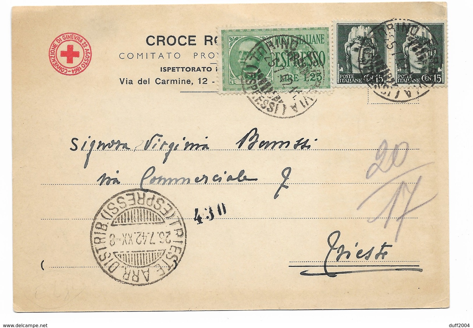 CROCE ROSSA ITALIANA - ESPRESSO DA TORINO A TRIESTE - 25.7.1942. - Poststempel