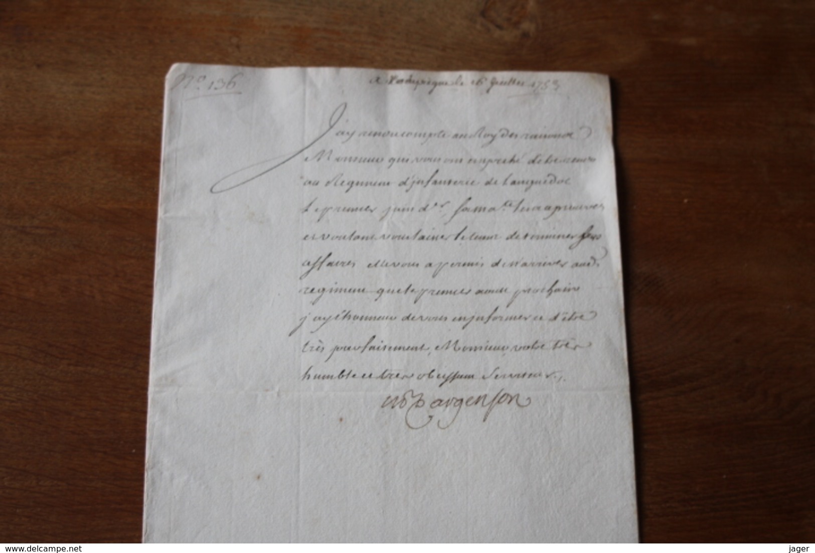 1753  Autographe D'Argenson   Infanterie Du Languedoc - Otros & Sin Clasificación