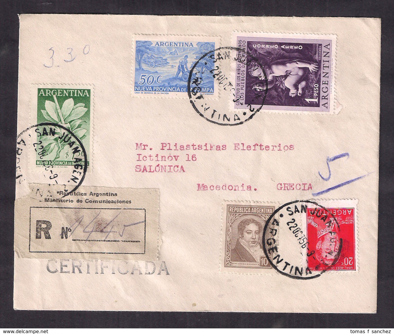 Argentina - 1956 - Lettre - Timbre Divers - Salonique - Macédoine - Grèce - Covers & Documents