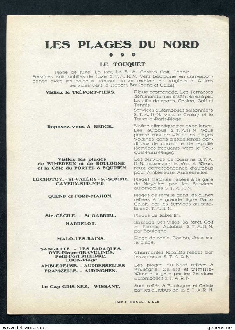 Document Ferroviaire Ancien "Chemin De Fer Du Nord / Le Touquet Paris-Plage / Société D'autocars S.T.A.R.N." - Autres & Non Classés