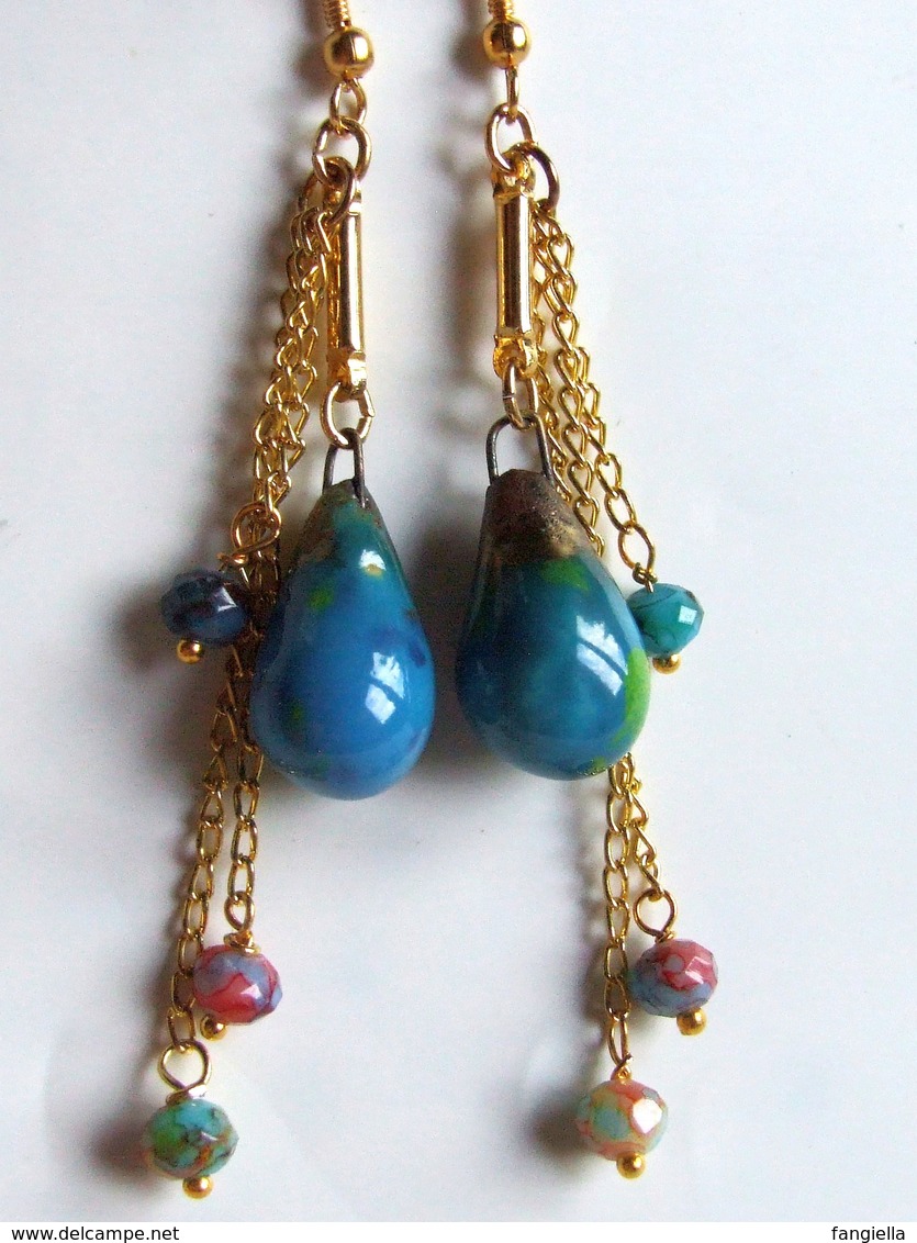 Boucles D'oreilles Céramique, Bijou Bohème, Céramique Artisanale, Goutte Bleu, Verre Facetté, Accessoires Dorés, Bijou D - Oorringen