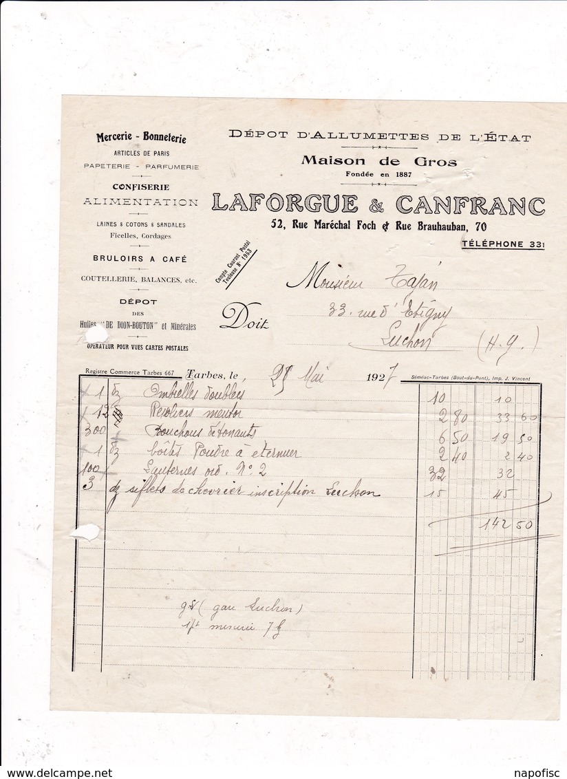 65-Laforgue & Canfranc..Dépot D'Allumettes De L'Etat.....Tarbes...(Hautes-Pyrénées)..1927 - Autres & Non Classés