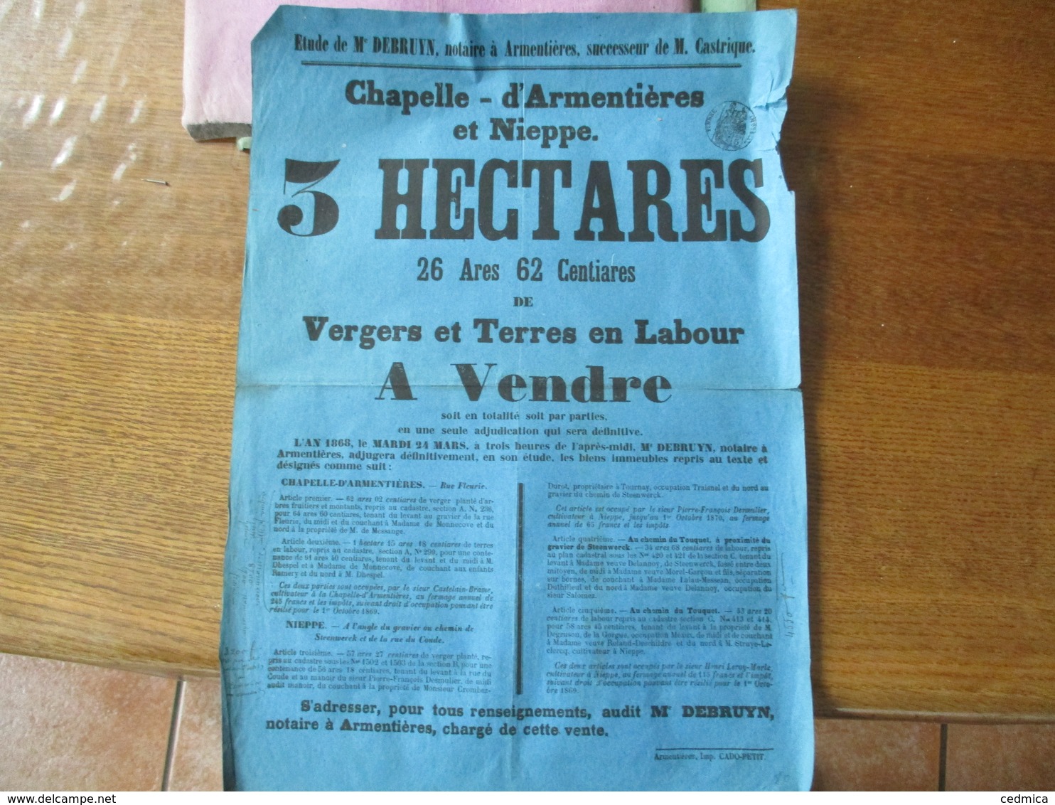 CHAPELLE D'ARMENTIERES ET NIEPPE LE 24 MARS 1868 VENTE DE 3 HECTARES DE VERGERS ET TERRES EN LABOUR 43cm/31cm - Afiches