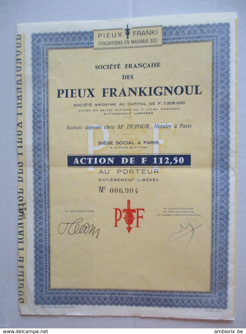 Société Française Des PIEUX FRANKIGNOUL - Action De F 112.50 - Industrie