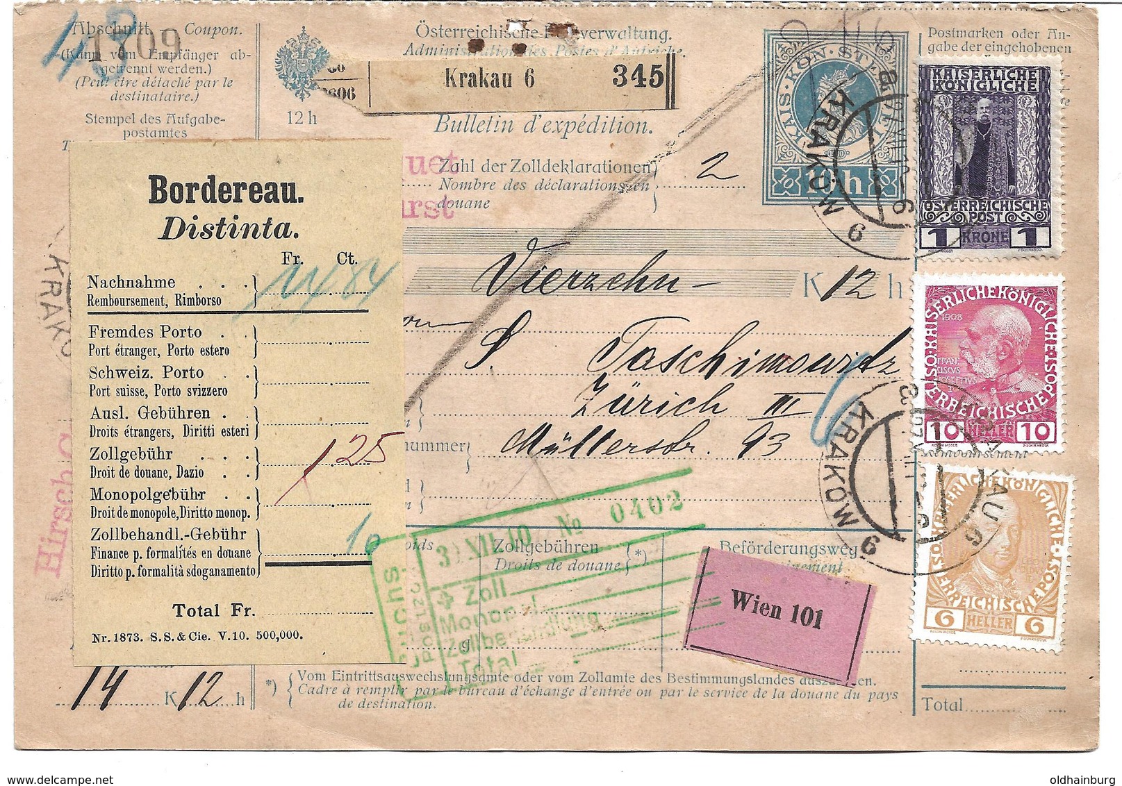 1699f: Paketkarte Krakau Nach Zürich, Komplette Österreich- Ganzsache - Covers & Documents