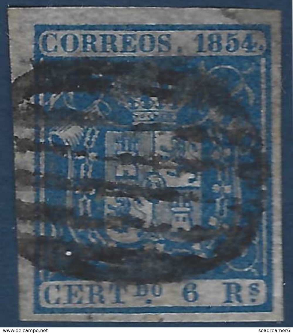 Espagne Isabel II N°27 6 Real Bleu Très Grandes Marges Oblitéré Grille Noire TTB Signé Calves - Used Stamps