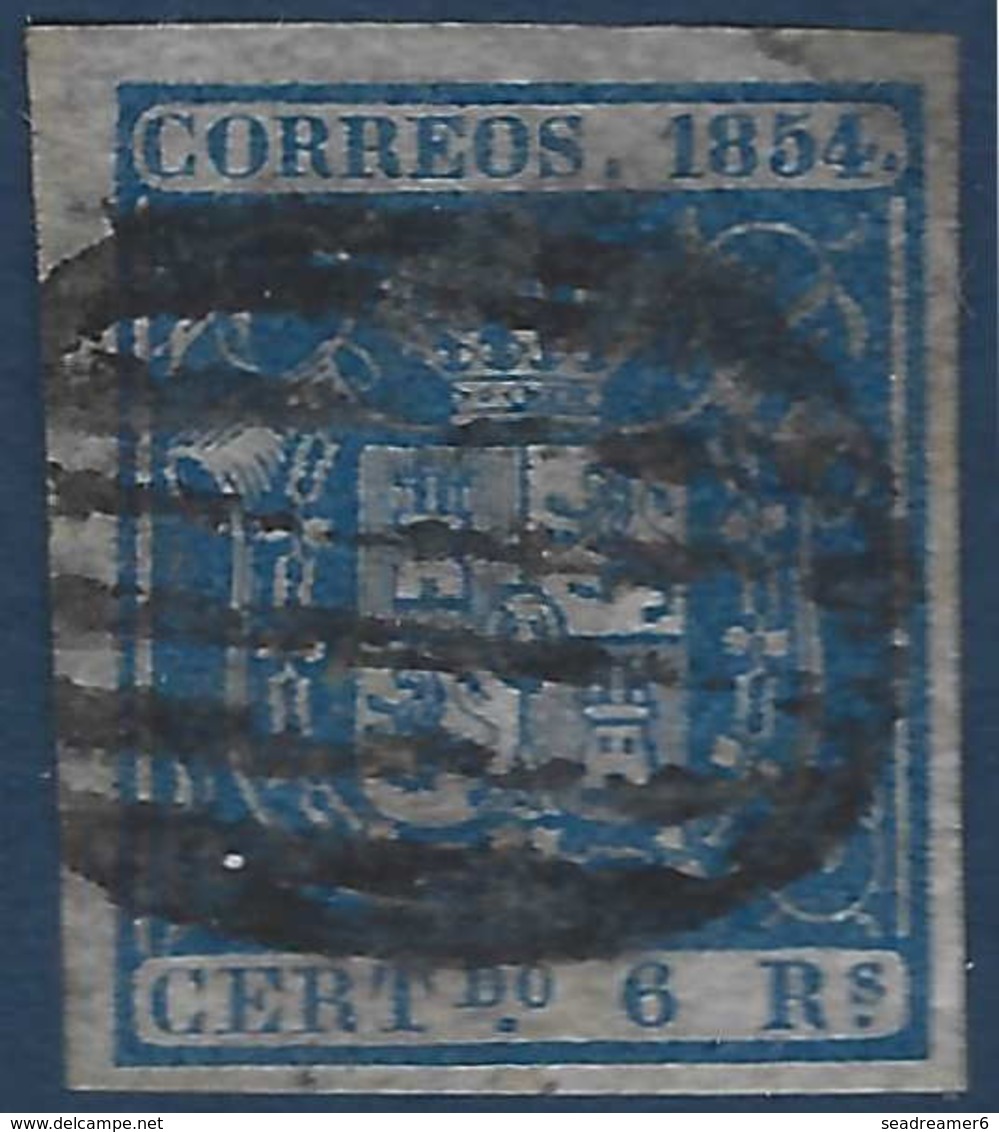 Espagne Isabel II N°27 6 Real Bleu Très Grandes Marges Oblitéré Grille Noire TTB Signé Calves - Gebruikt