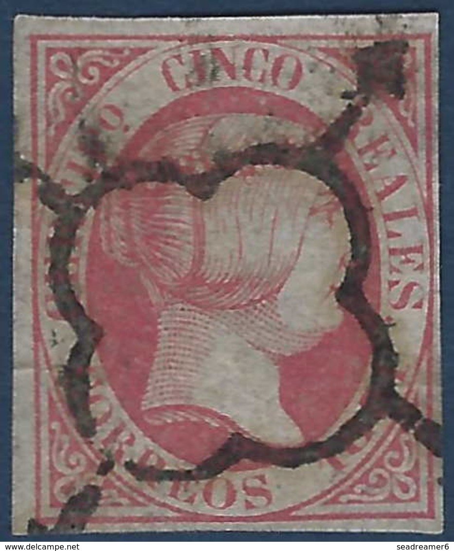 Espagne Isabel II N°9 5 Reales Rose Oblitéré Superbe Signé Brun - Oblitérés