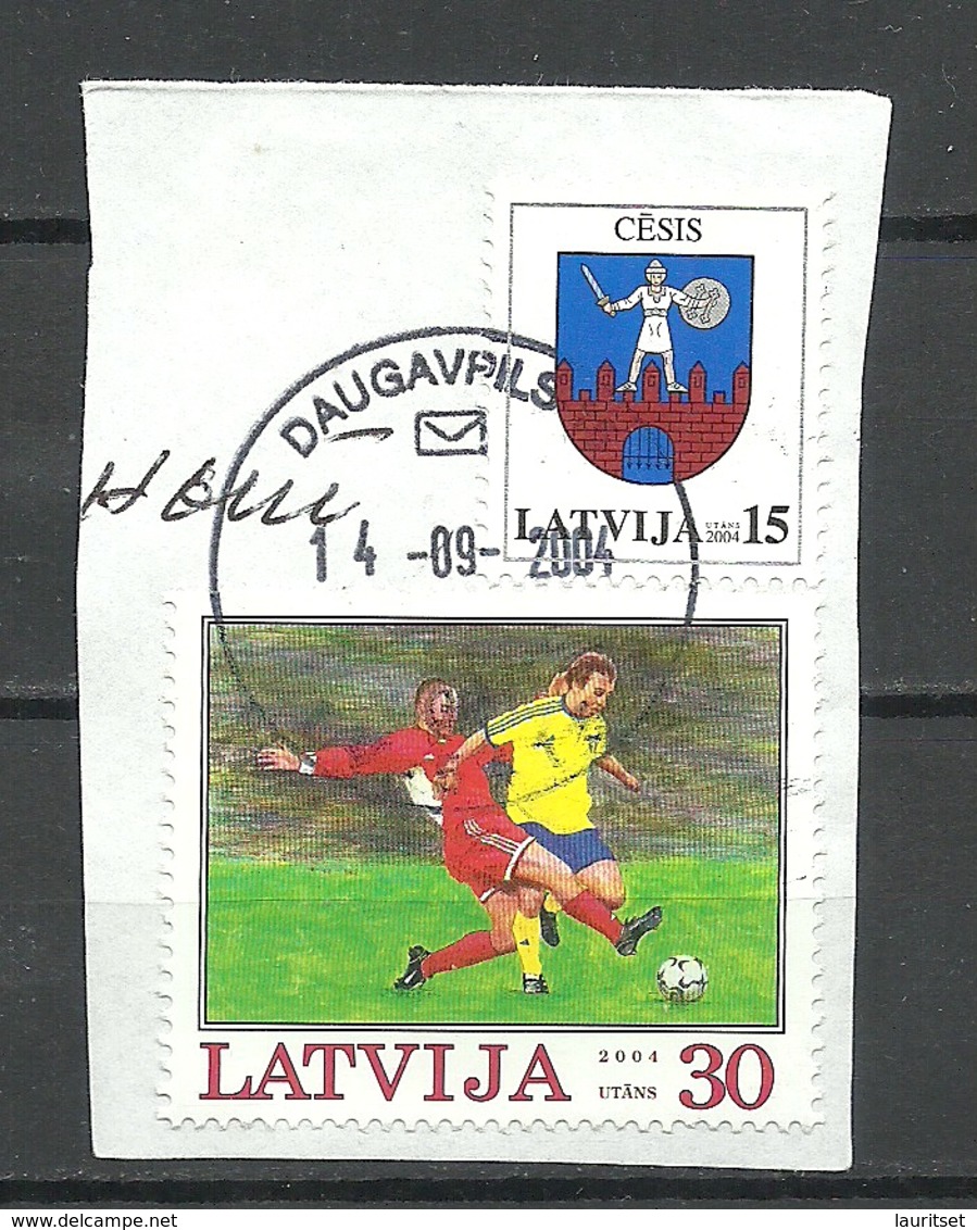 Lettland Latvia 2004 Soccer Fussball Michel 614 + Cesis Wappe Michel 605 On Cover Cut Out O Daugavpils - Lettland