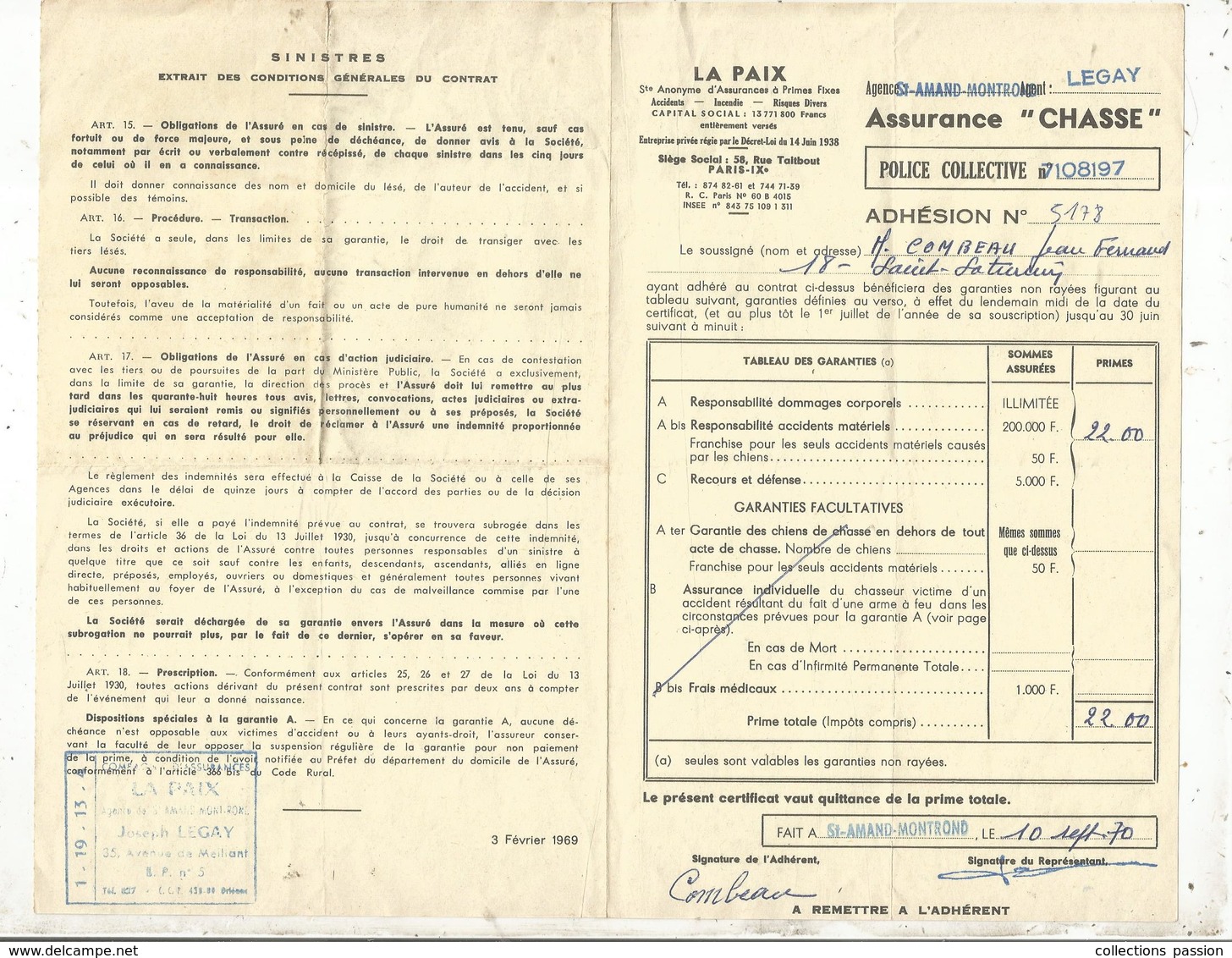 Assurance CHASSE , LA PAIX , Saint Amand-Montrond , 1970 , Agent : J. Legay  ,frais 1.55e - Bank En Verzekering