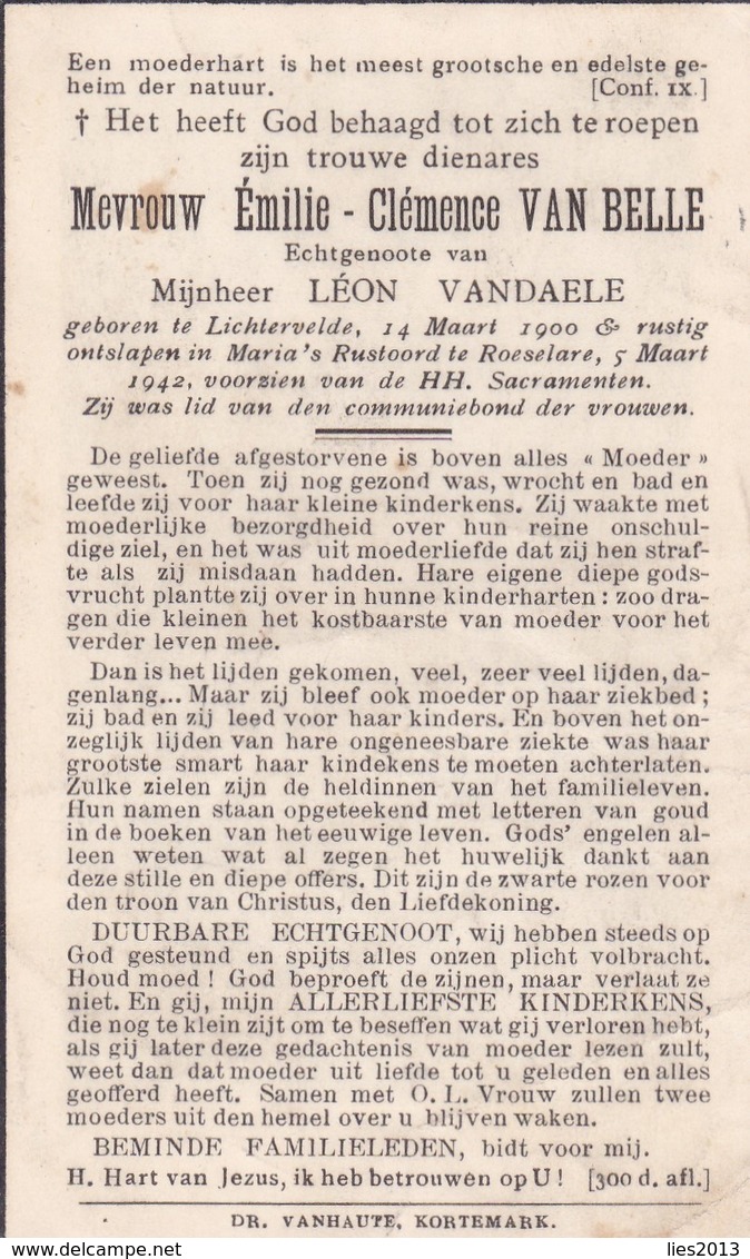 Lichtervelde, Roeselare, 1942, Emilie Van Belle, Vandaele - Devotion Images