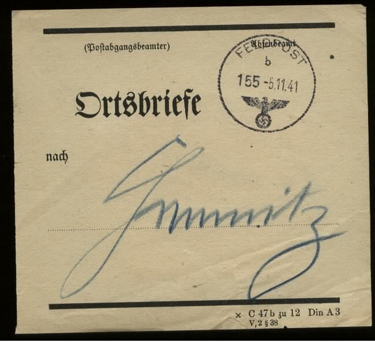 3. Reich : DR Feldpost Vorbindezettel Ortsbriefe Chemnitz: Gebraucht FP Stempel 155 - Chemnitz 1941, Bedarfserhaltung. - Briefe U. Dokumente