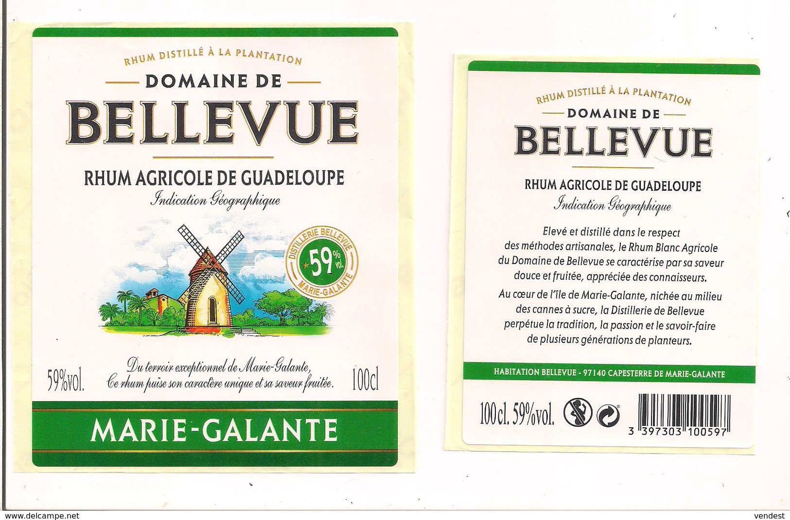 Etiquette Rhum Agricole - Domaine De  Bellevue - 100cl -  59% - Marie Galante - GUADELOUPE -  Thème Moulin - - Rhum